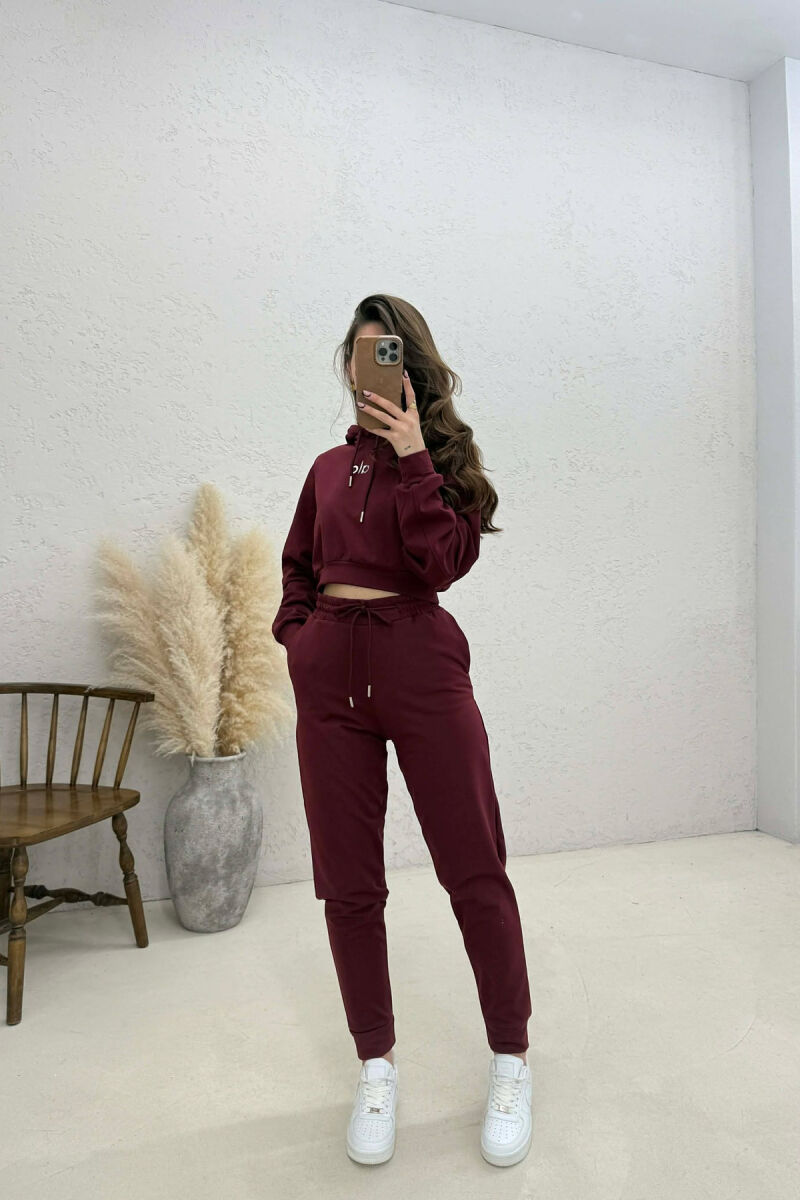 FRONT WRITTING HOODIE + SWEATPANTS WOMAN SET BURGUNDY/VISHNJE - 1