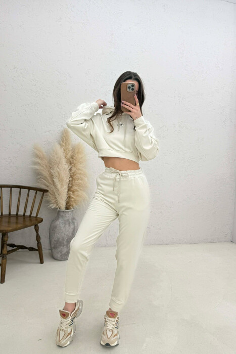 FRONT WRITTING HOODIE + SWEATPANTS WOMAN SET CREAM/KREM - 