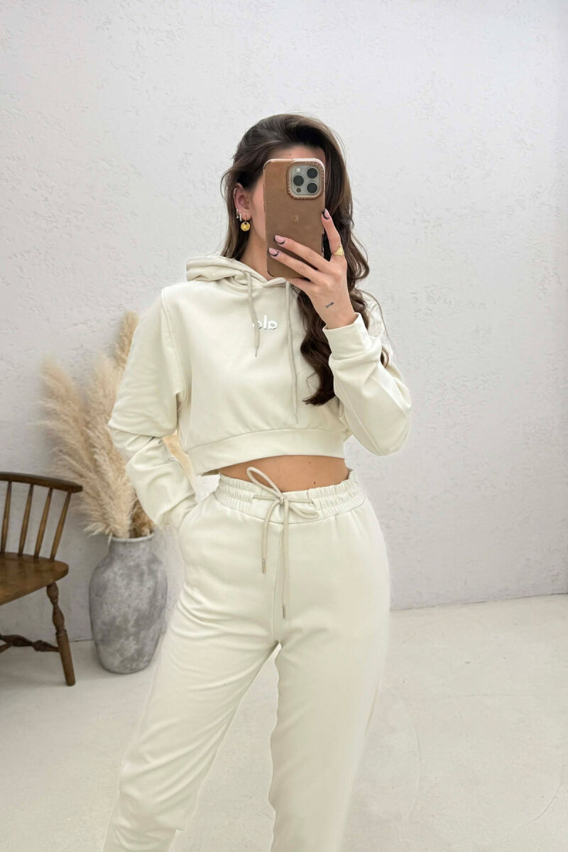 FRONT WRITTING HOODIE + SWEATPANTS WOMAN SET CREAM/KREM - 2