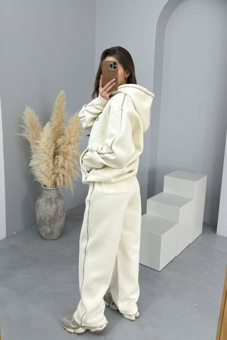 FRONT WRITTING HOODIE+SWEATPANTS WOMEN SET CREAM/KREM - 2