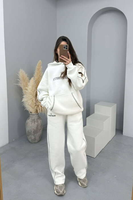 FRONT WRITTING HOODIE+SWEATPANTS WOMEN SET WHITE-E BARDHE 