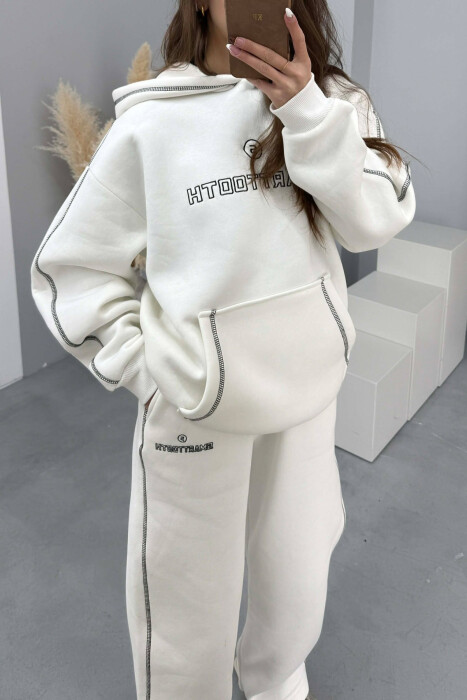 FRONT WRITTING HOODIE+SWEATPANTS WOMEN SET WHITE-E BARDHE - 2
