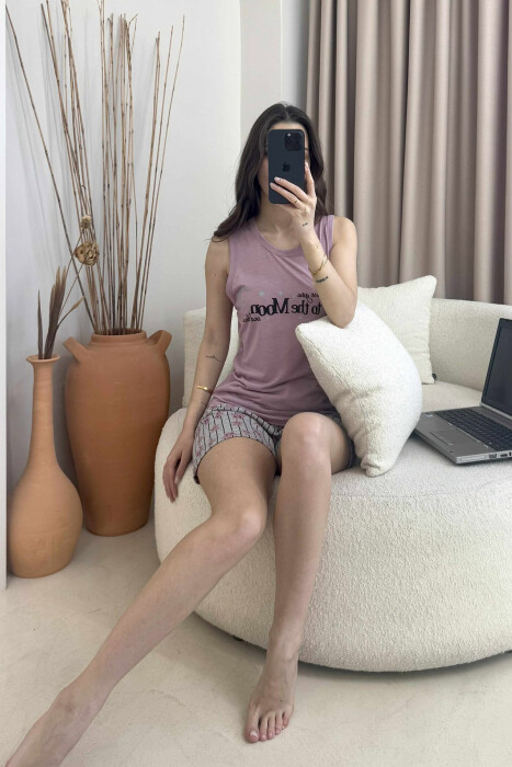 FRONT WRITTING TANK TOP+ SHORTS WOMEN PYJAMAS PURPLE/LEJLA - 4