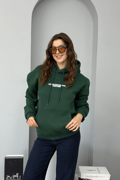 FRONT WRITTINGS & BACK DESIGN FLUFFY WOMEN HOODIE DARK GREEN/JEE - 1