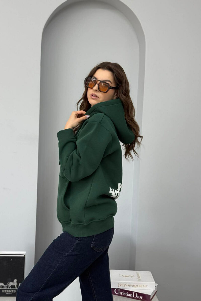 FRONT WRITTINGS & BACK DESIGN FLUFFY WOMEN HOODIE DARK GREEN/JEE - 2