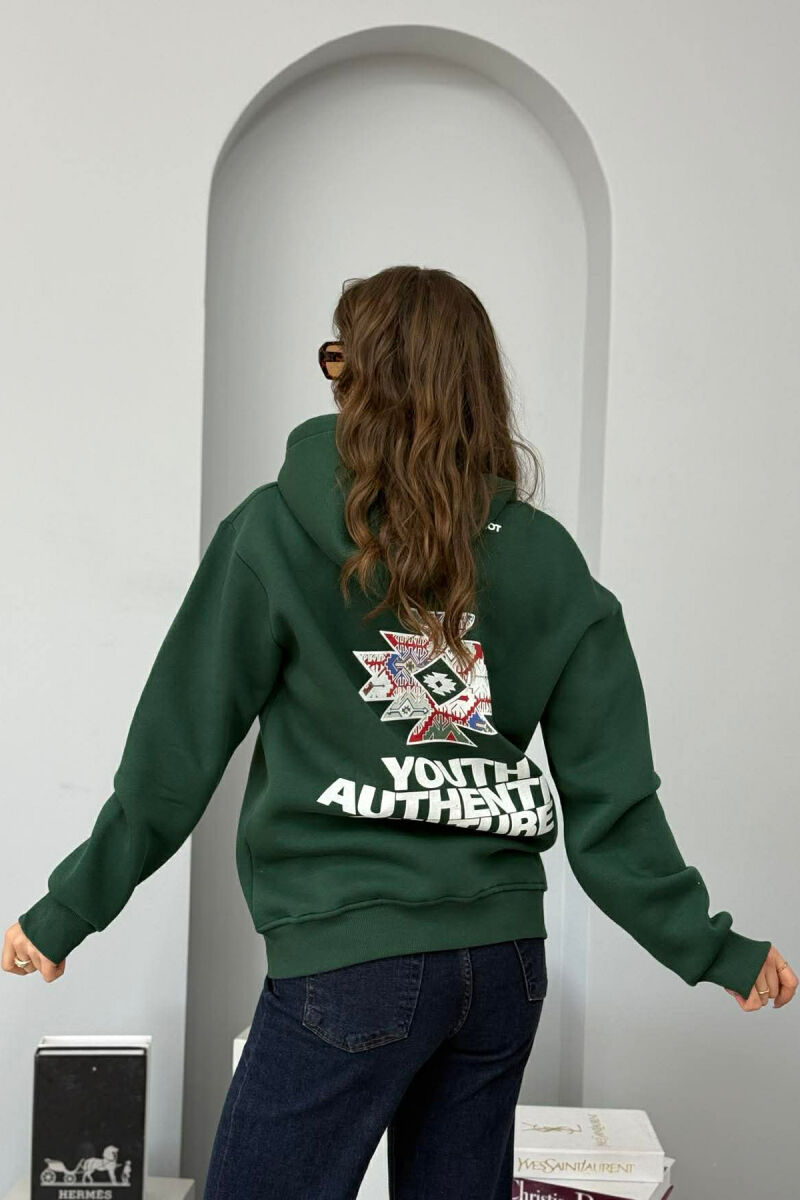FRONT WRITTINGS & BACK DESIGN FLUFFY WOMEN HOODIE DARK GREEN/JEE - 3