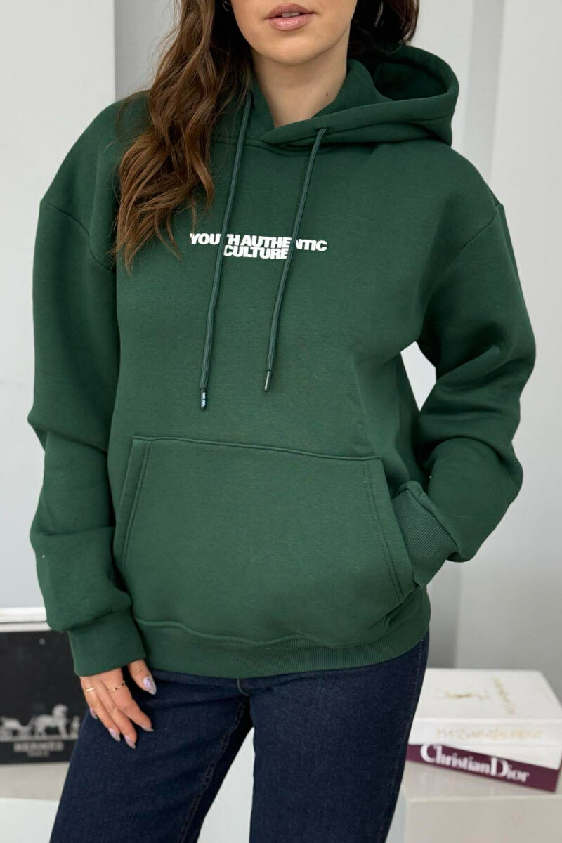 FRONT WRITTINGS & BACK DESIGN FLUFFY WOMEN HOODIE DARK GREEN/JEE - 4