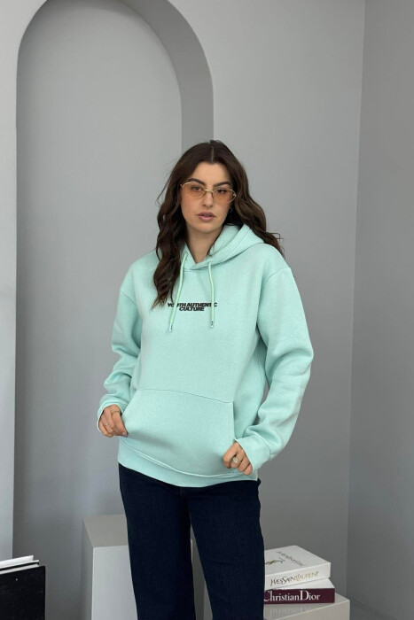 FRONT WRITTINGS & BACK DESIGN FLUFFY WOMEN HOODIE MINT/MENTE 
