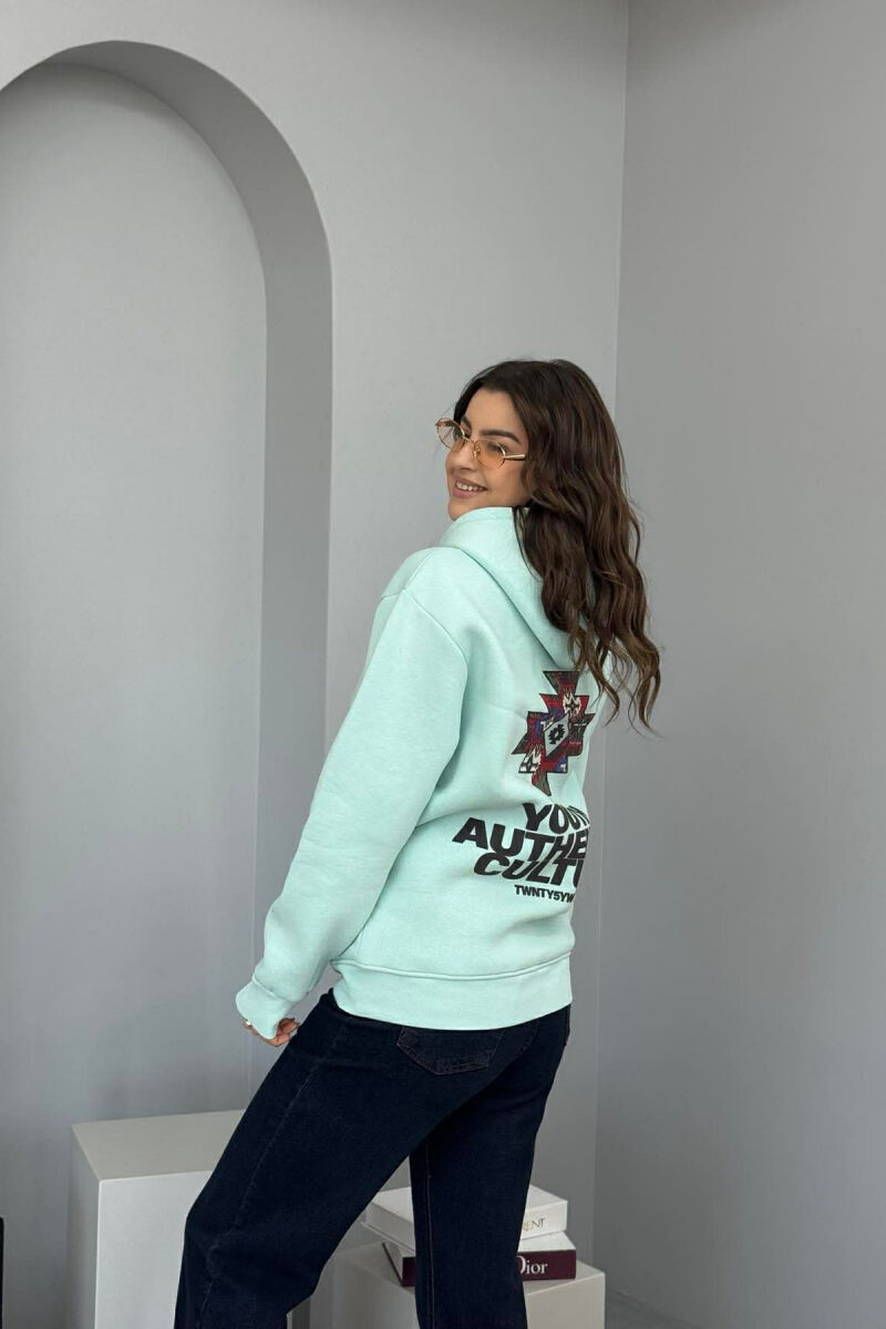 FRONT WRITTINGS & BACK DESIGN FLUFFY WOMEN HOODIE MINT/MENTE - 2