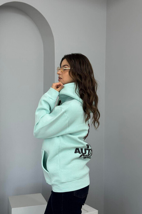 FRONT WRITTINGS & BACK DESIGN FLUFFY WOMEN HOODIE MINT/MENTE - 3