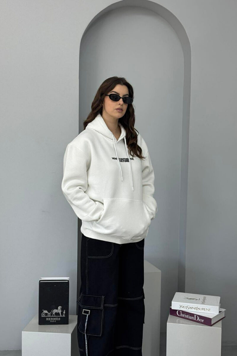 FRONT WRITTINGS & BACK DESIGN FLUFFY WOMEN HOODIE WHITE-E BARDHE - 1