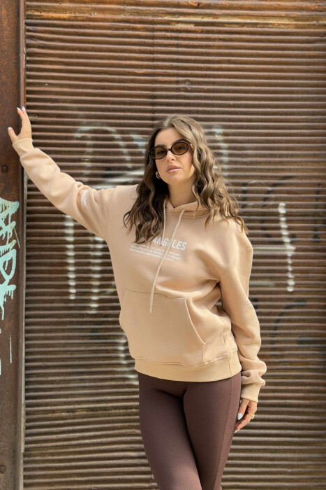 FRONT WRITTINGS FLUFFY ONE COLOR WOMEN HOODIE BEIGE/BEZHE - 3