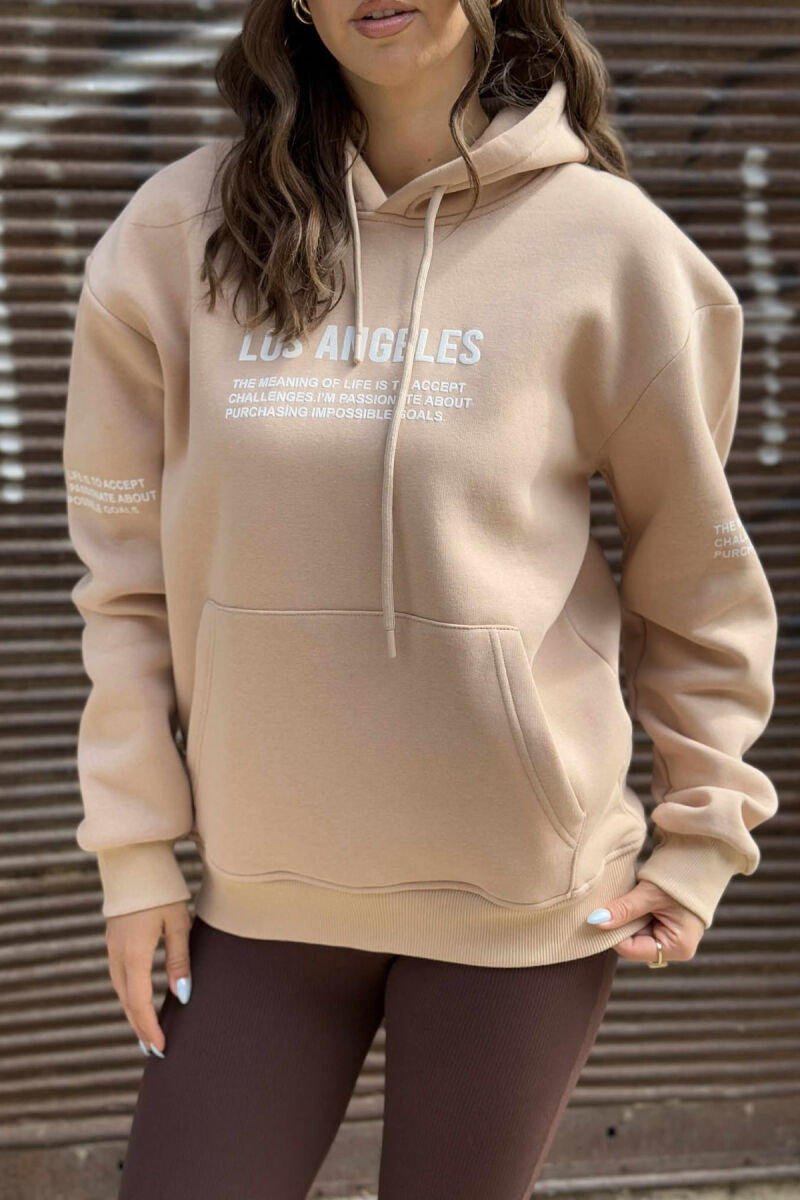 FRONT WRITTINGS FLUFFY ONE COLOR WOMEN HOODIE BEIGE/BEZHE - 5