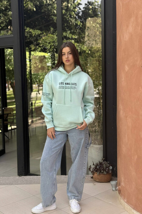 FRONT WRITTINGS FLUFFY ONE COLOR WOMEN HOODIE MINT/MENTE 