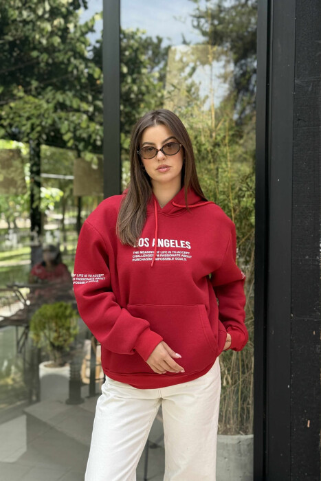 FRONT WRITTINGS FLUFFY ONE COLOR WOMEN HOODIE RED/E KUQE - 2