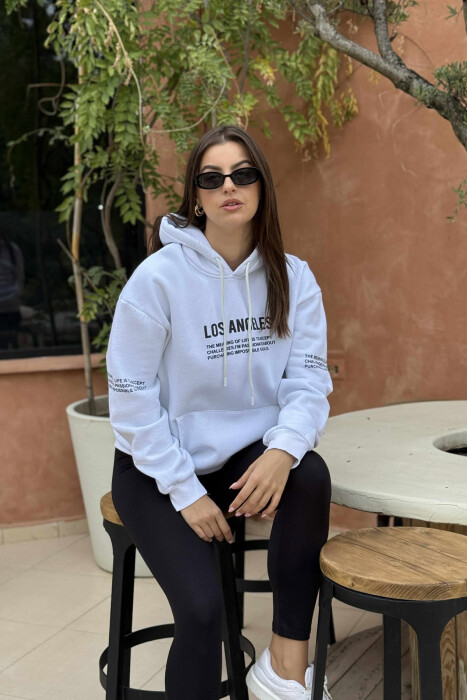 FRONT WRITTINGS FLUFFY ONE COLOR WOMEN HOODIE WHITE-E BARDHE - 3