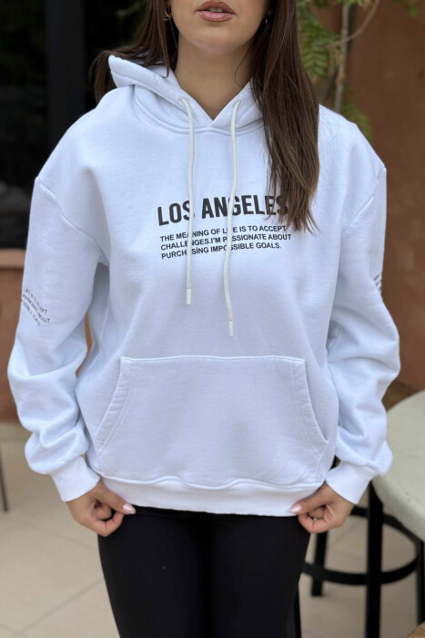 FRONT WRITTINGS FLUFFY ONE COLOR WOMEN HOODIE WHITE-E BARDHE - 4