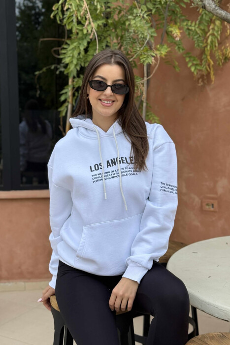 FRONT WRITTINGS FLUFFY ONE COLOR WOMEN HOODIE WHITE-E BARDHE - 2