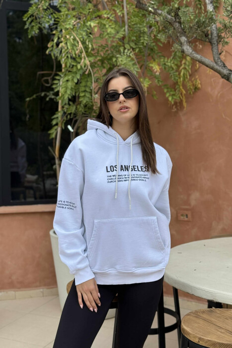 FRONT WRITTINGS FLUFFY ONE COLOR WOMEN HOODIE WHITE-E BARDHE 