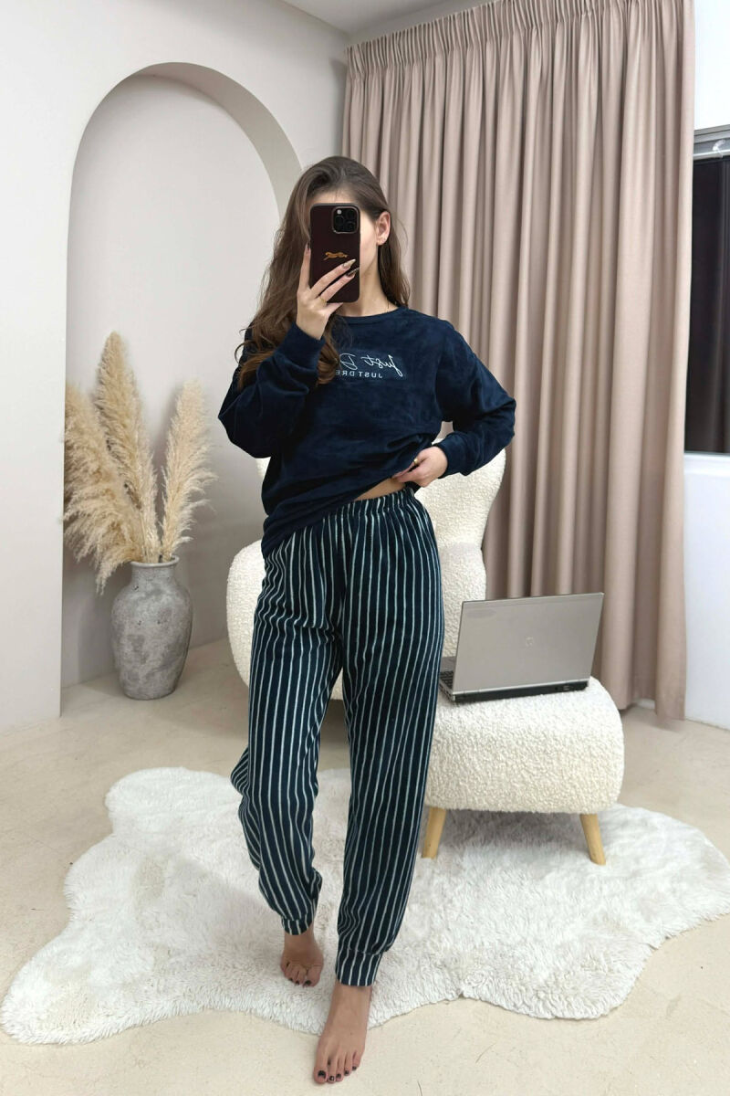 FRONT WRITTINGS WARM SWEATSHIRT+SWEATPANTS WOMEN PYJAMAS DARK BLUE/BEE - 1