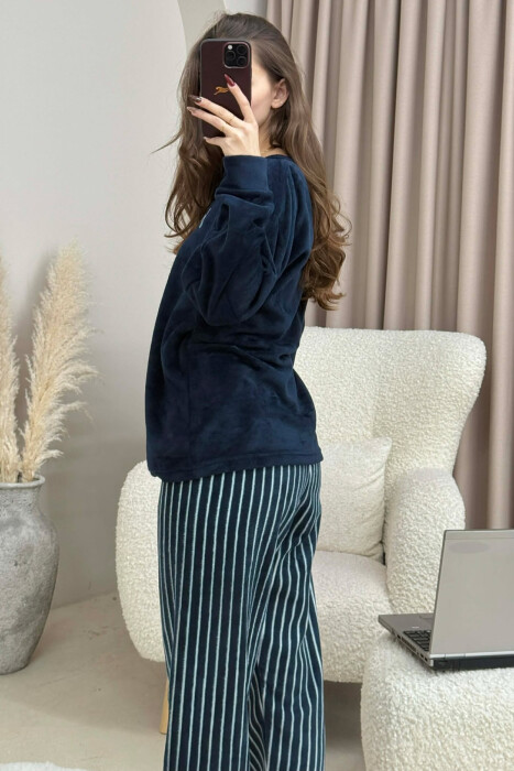 FRONT WRITTINGS WARM SWEATSHIRT+SWEATPANTS WOMEN PYJAMAS DARK BLUE/BEE - 5