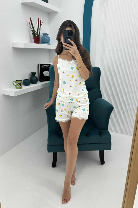 FRUITS DESIGN TANK TOP+SHORTS WOMEN PYJAMAS WHITE-E BARDHE - KLAUDIO FASHION