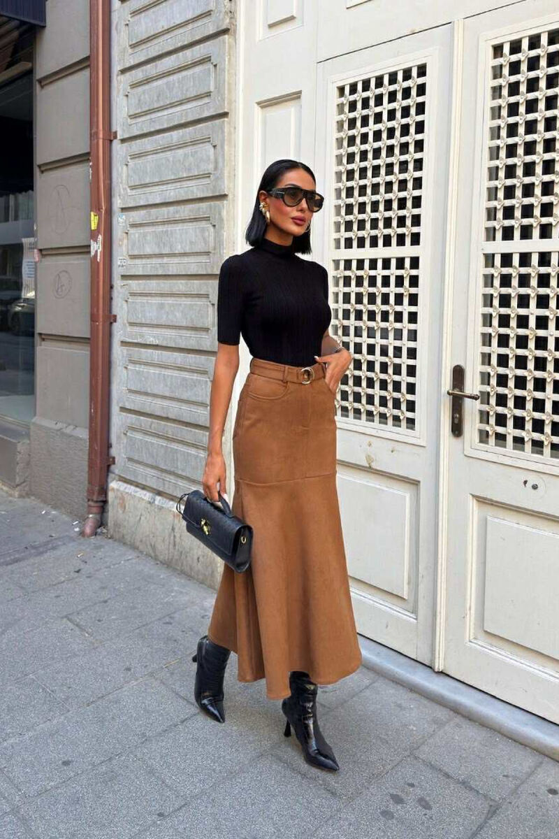 FUND I GJATË NJË NGJYRËSH DHE ME DETAJIN E RRIPIT PËR FEMRA NË NGJYRË KAFE - 5