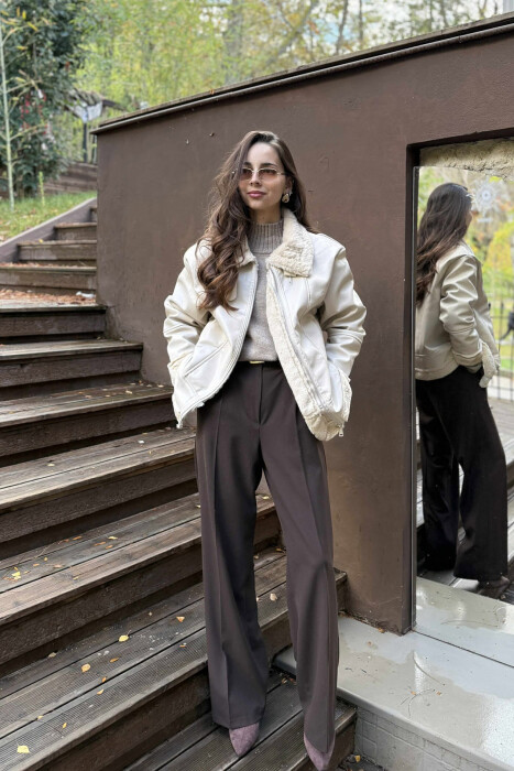 FUR INTERIOR DESIGN LEATHER WOMEN JACKET CREAM/KREM 