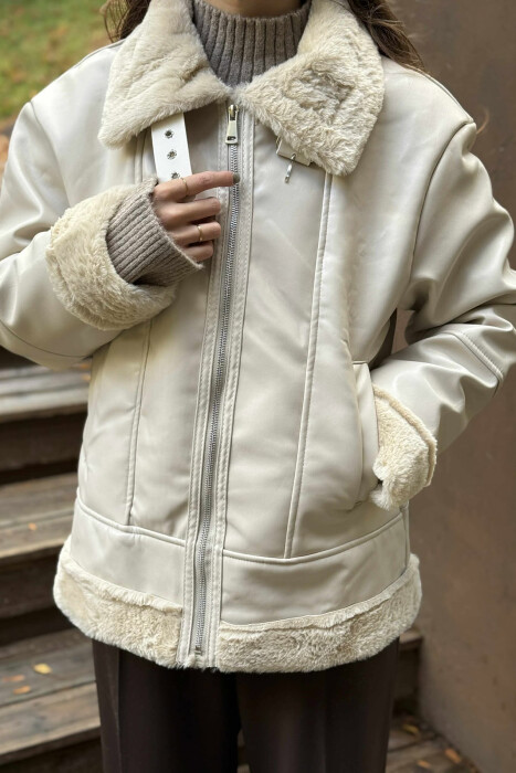 FUR INTERIOR DESIGN LEATHER WOMEN JACKET CREAM/KREM - 4