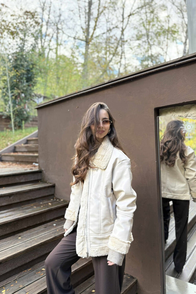 FUR INTERIOR DESIGN LEATHER WOMEN JACKET CREAM/KREM - 5