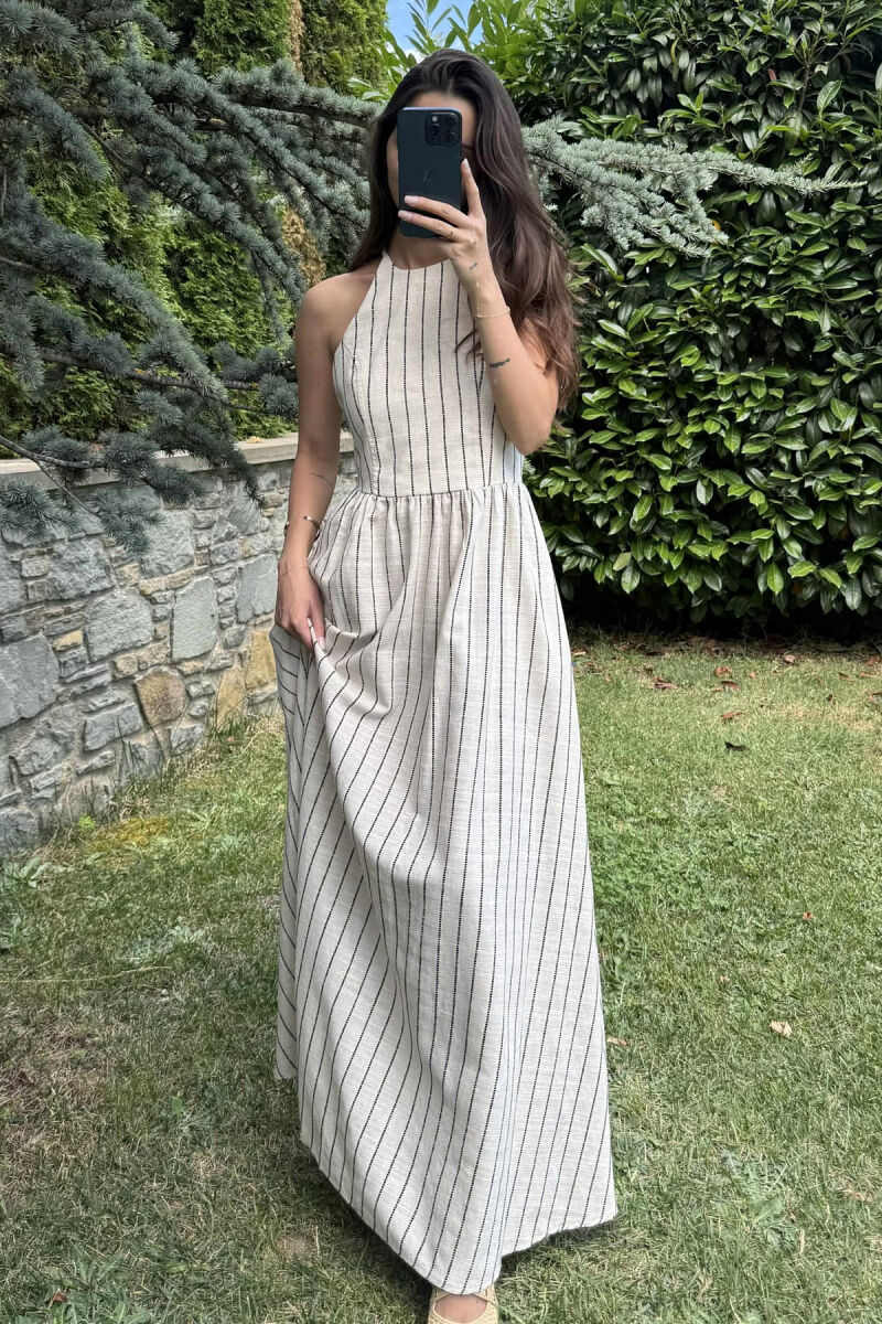 FUSTAN I GJATË ME VIJA PËR FEMRA NË NGJYRËN KREM+E ZEZË - 4