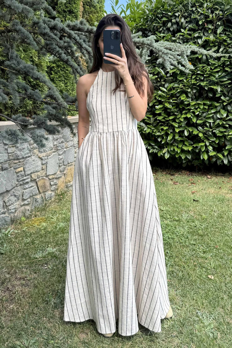 FUSTAN I GJATË ME VIJA PËR FEMRA NË NGJYRËN KREM+E ZEZË - 1