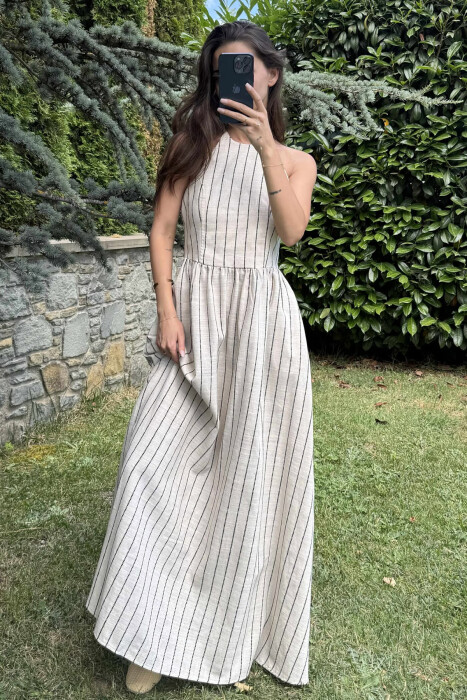 FUSTAN I GJATË ME VIJA PËR FEMRA NË NGJYRËN KREM+E ZEZË - 5