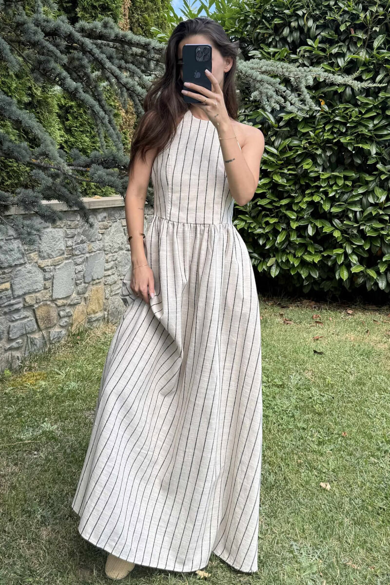 FUSTAN I GJATË ME VIJA PËR FEMRA NË NGJYRËN KREM+E ZEZË - 5