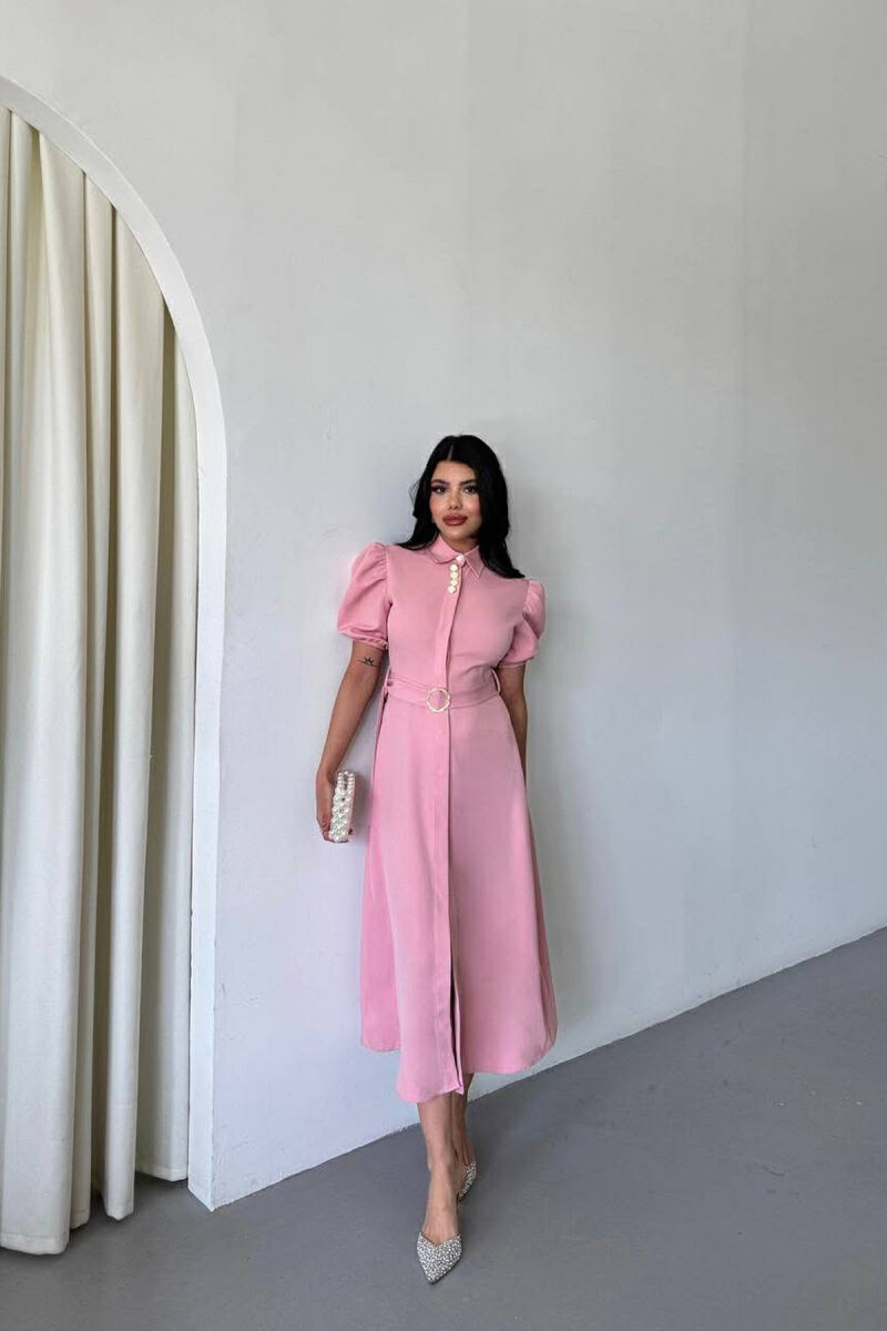 FUSTAN NJË NGJYRËSH ME JAKË POLO DHE LIDHËSE NË BEL PËR FEMRA NË NGJYRE PUDER - 1