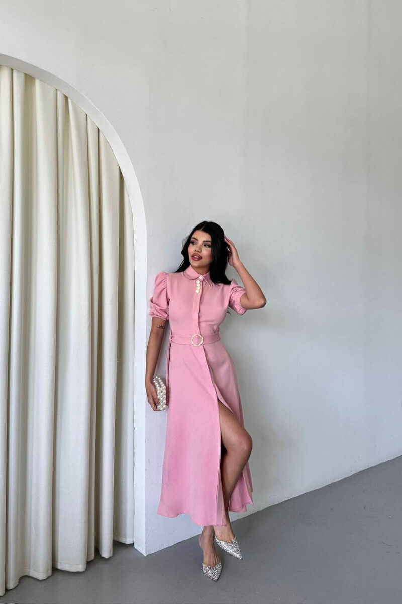 FUSTAN NJË NGJYRËSH ME JAKË POLO DHE LIDHËSE NË BEL PËR FEMRA NË NGJYRE PUDER - 4