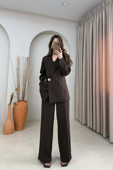 GOLD BUTTON CLASSIC JACKET+ TROUSERS WOMAN SET BROWN/KAFE - 1
