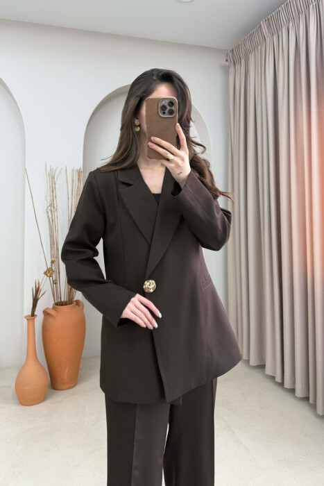 GOLD BUTTON CLASSIC JACKET+ TROUSERS WOMAN SET BROWN/KAFE - 2