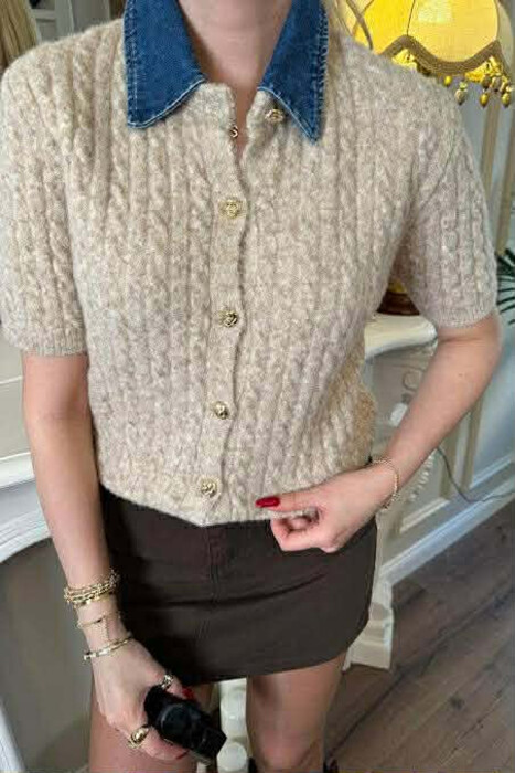 GOLD BUTTONS DENIM NECK WOMAN SWEATER BEIGE/BEZHE - 