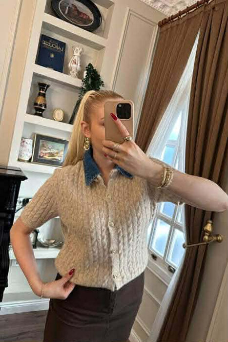 GOLD BUTTONS DENIM NECK WOMAN SWEATER BEIGE/BEZHE - 2