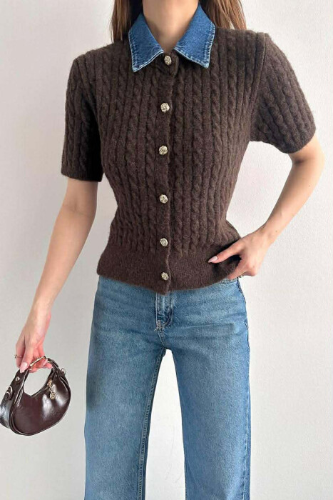 GOLD BUTTONS DENIM NECK WOMAN SWEATER BROWN/KAFE - KLAUDIO FASHION