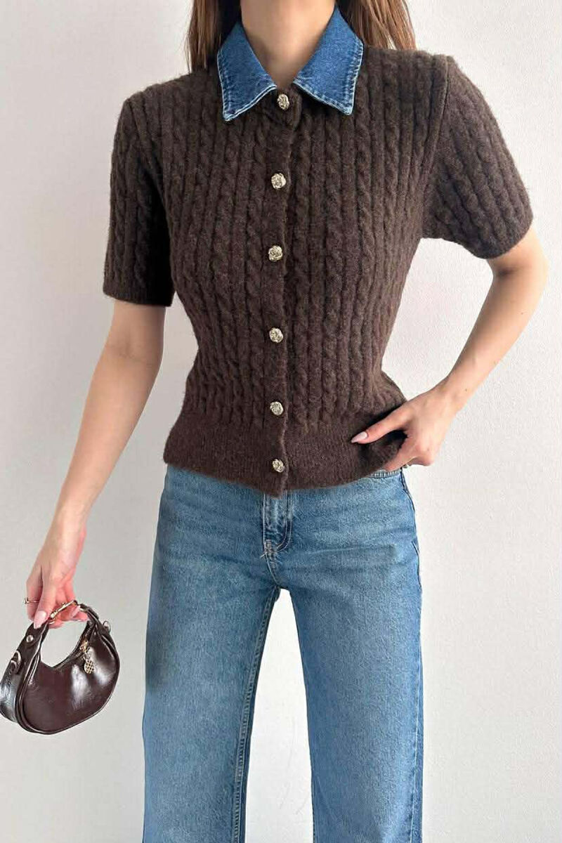 GOLD BUTTONS DENIM NECK WOMAN SWEATER BROWN/KAFE - 1