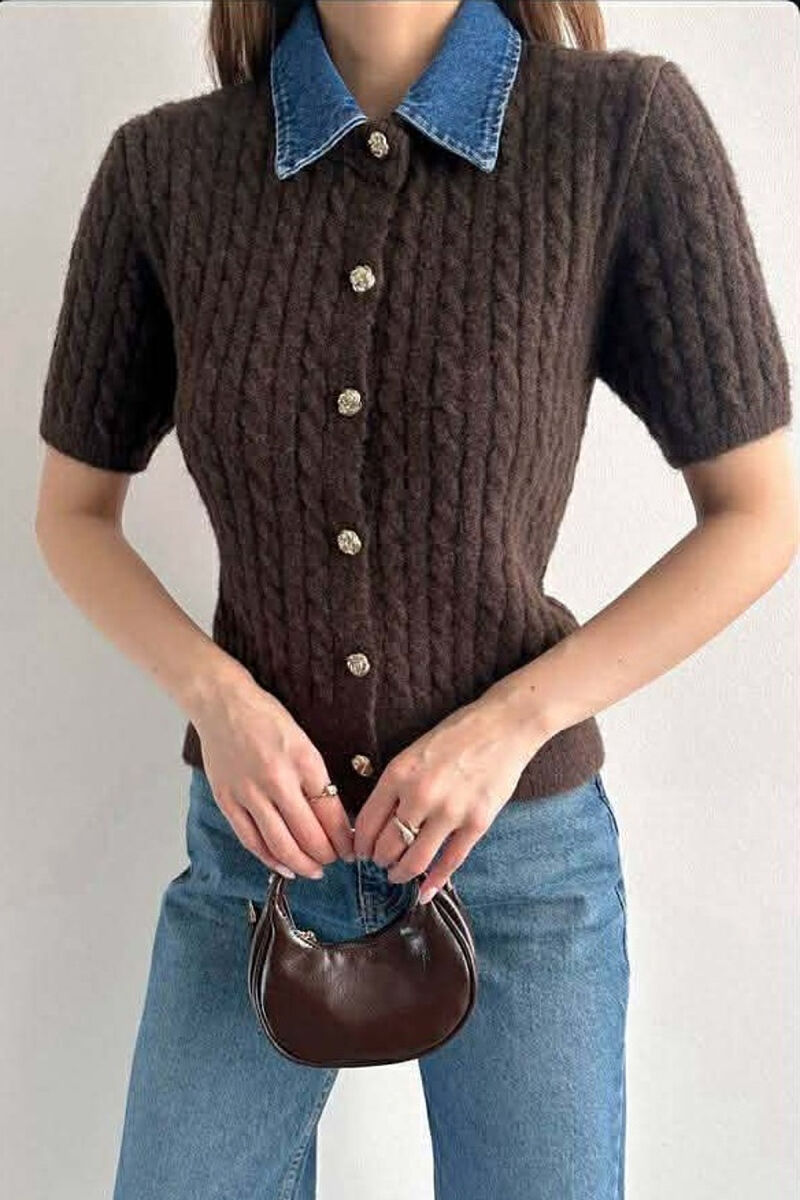 GOLD BUTTONS DENIM NECK WOMAN SWEATER BROWN/KAFE - 2