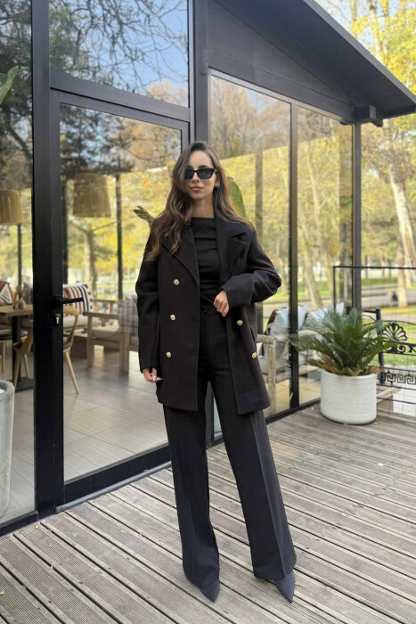 GOLD BUTTONS DETAIL SIMPLE WOMEN COAT BLACK/ E ZEZE - 4