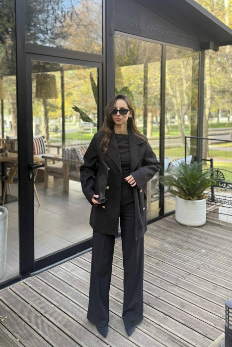 GOLD BUTTONS DETAIL SIMPLE WOMEN COAT BLACK/ E ZEZE 