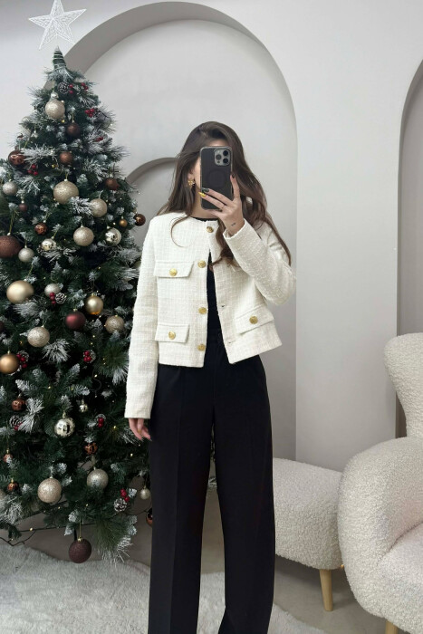 GOLD BUTTONS DETAIL SIMPLE WOMEN JACKET CREAM/KREM - 2