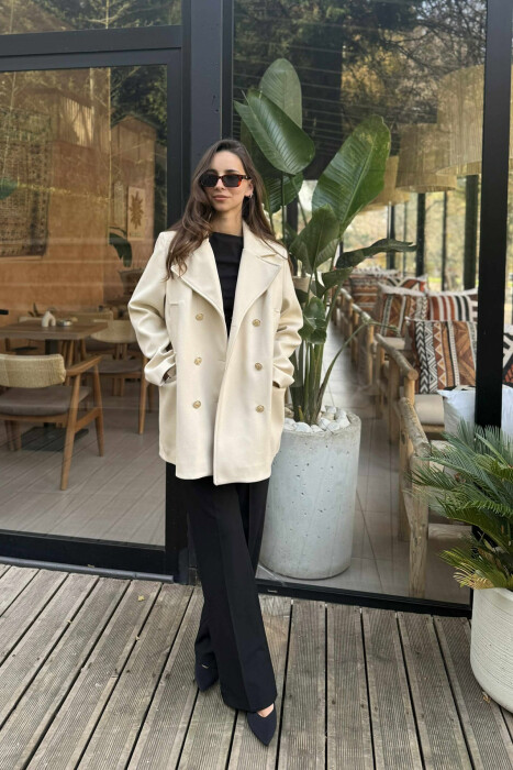 GOLD BUTTONS DETAIL SIMPLE WOMEN COAT CREAM/KREM 