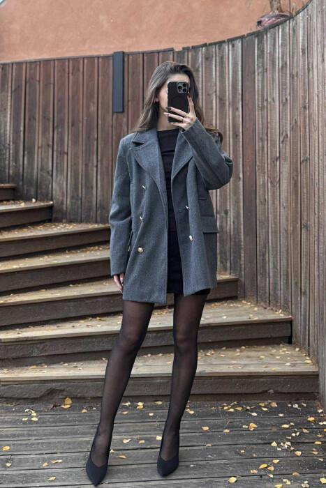 GOLD BUTTONS DETAIL SIMPLE WOMEN COAT DARK GREY/GEE 