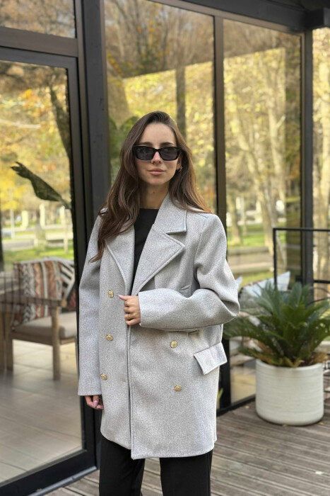GOLD BUTTONS DETAIL SIMPLE WOMEN COAT LIGHT GREY/GZ - 2