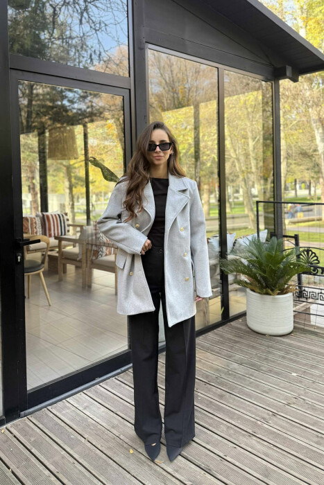 GOLD BUTTONS DETAIL SIMPLE WOMEN COAT LIGHT GREY/GZ - 4